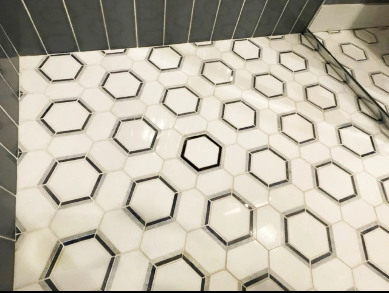 Infinity Drain — Inspiration — Custom Drains — Hexagon Tile In Mid View